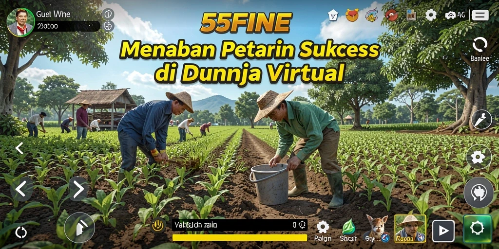 Screenshot 55FIVE dengan tampilan ladang yang subur dan beragam tanaman.