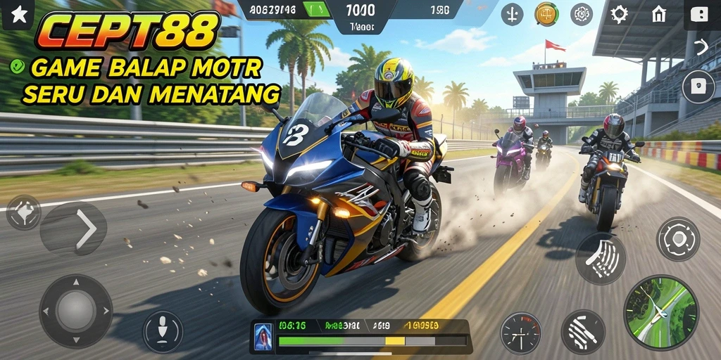 Screenshot gameplay <strong>CEPAT88</strong> menampilkan aksi balap motor yang mendebarkan.