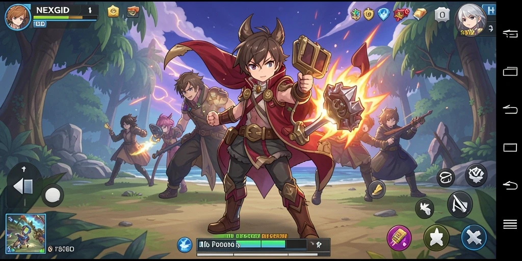 Tampilan gameplay NEXGID yang penuh aksi dan karakter anime.