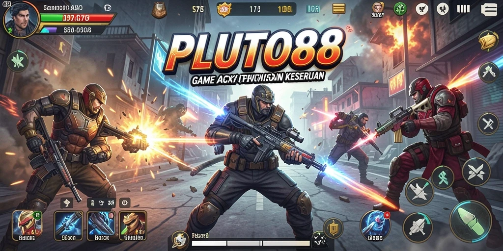 Screenshot utama PLUTO88 menampilkan aksi intens dengan visual menakjubkan.