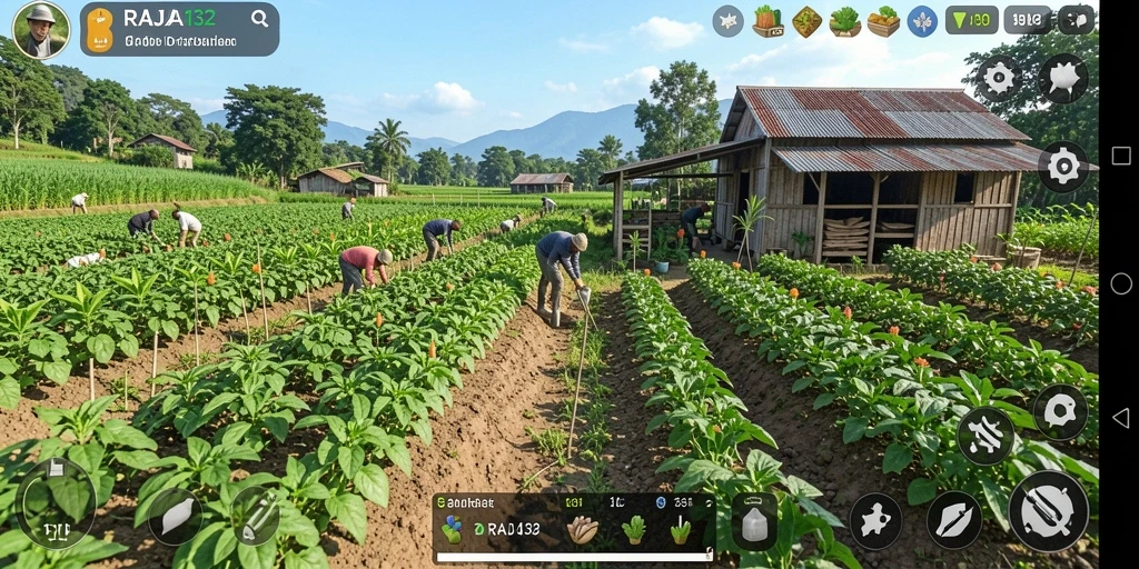 Tangkapan layar utama RAJA132 menunjukkan para pemain menikmati serunya bertani.