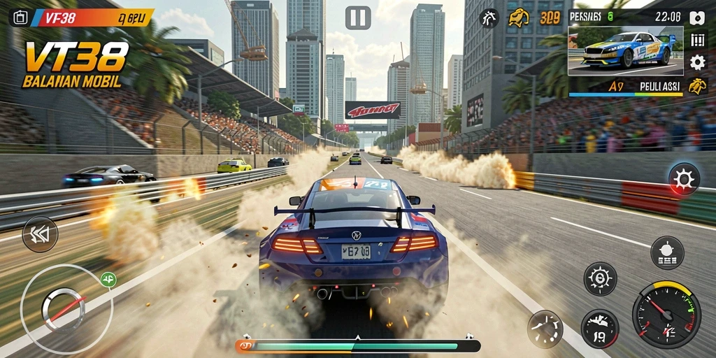 Tampilan gameplay balapan mobil yang menegangkan dan seru.